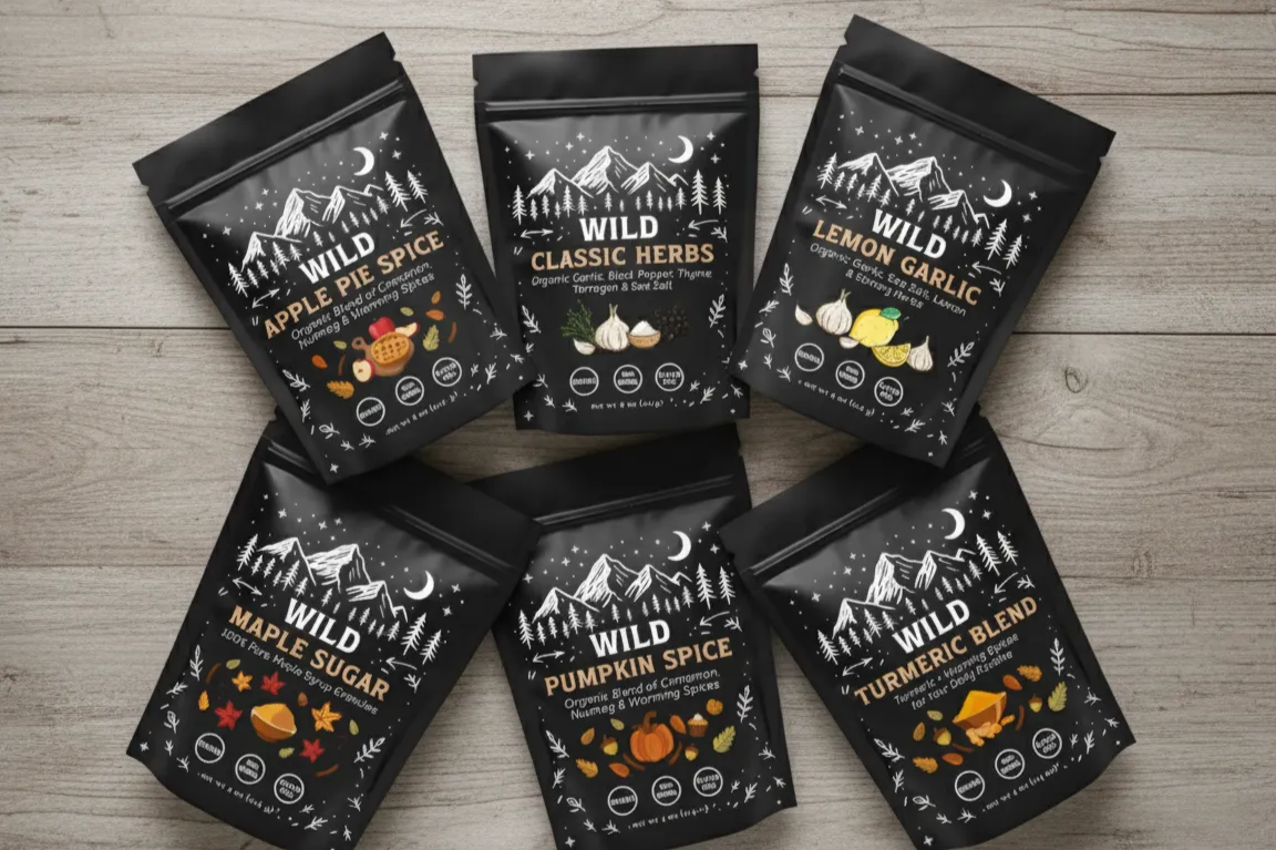 Six bags of Wild spices with mountain designs on a wooden surface.
