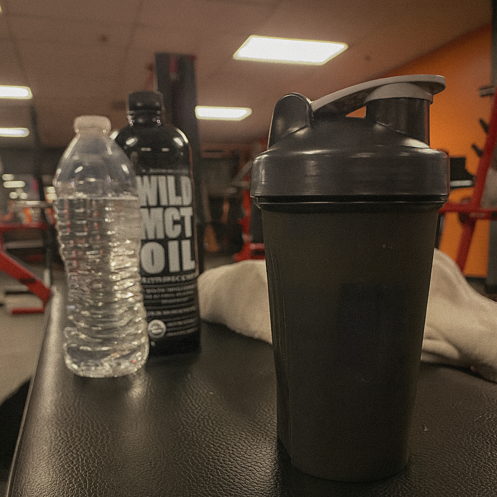 Shaker bottle, water bottle, and MCT oil on a gym bench.