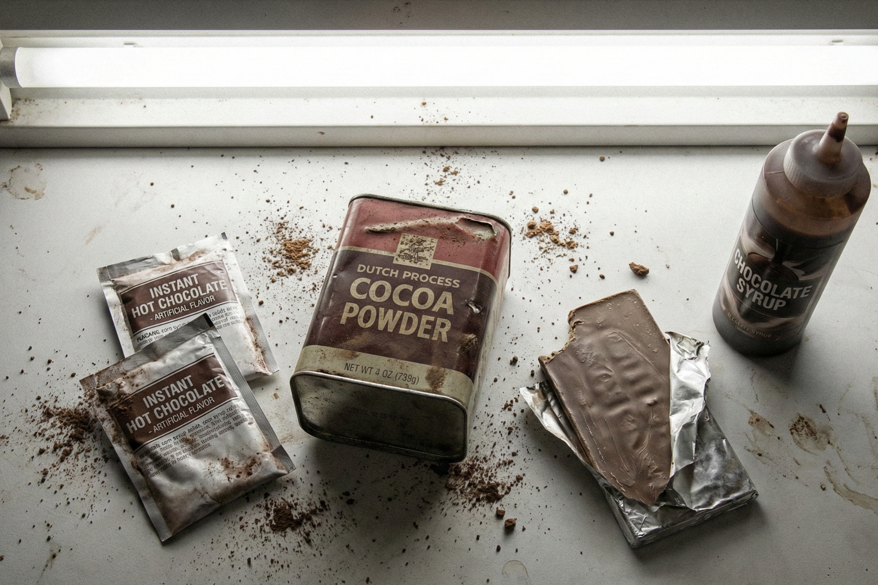 Assorted chocolate products on a white surface, including cocoa powder, syrup, bars, and hot chocolate packets.