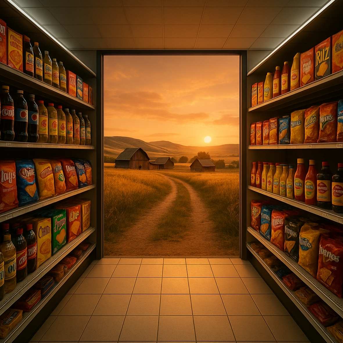 Supermarket aisle with snacks, leading to a sunset view of a rural landscape with barns.
