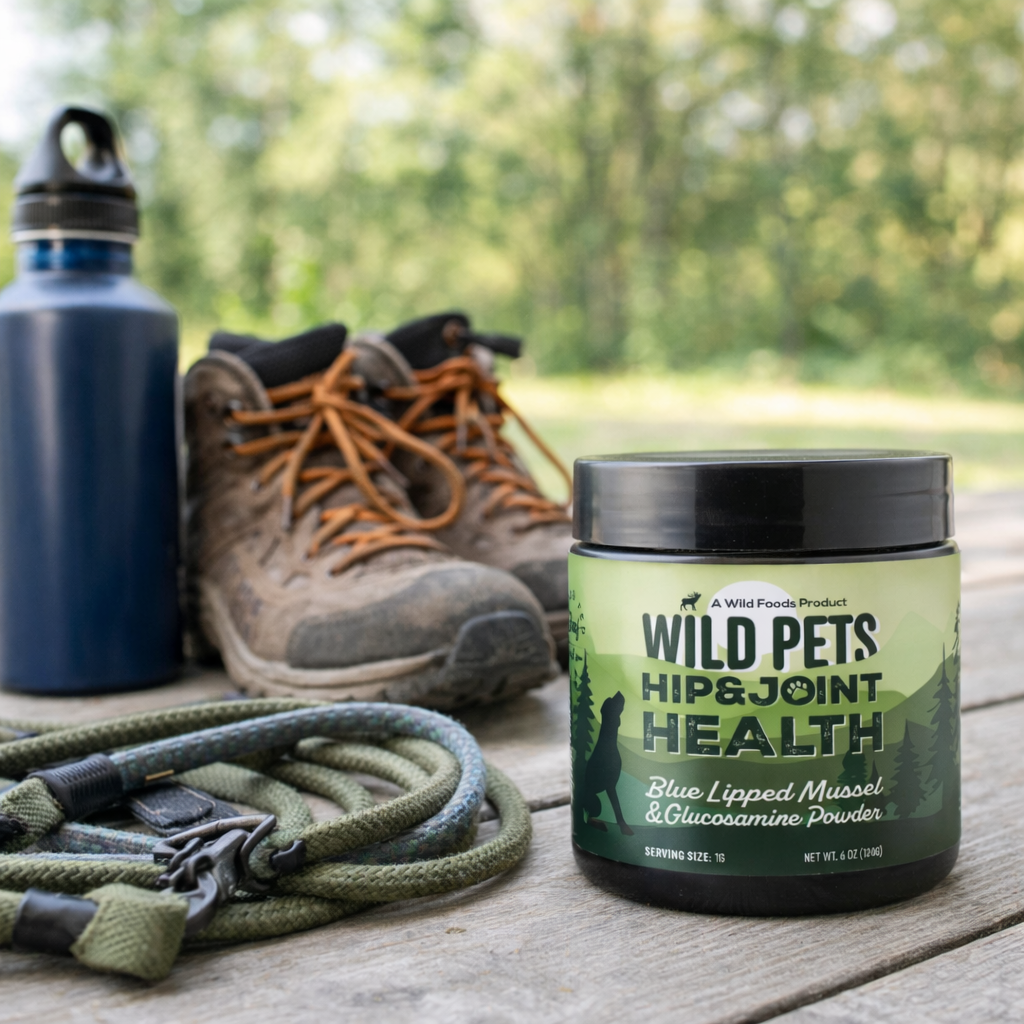 A jar of Wild Pets Hip & Joint Health supplement next to hiking boots, a water bottle, and a leash.