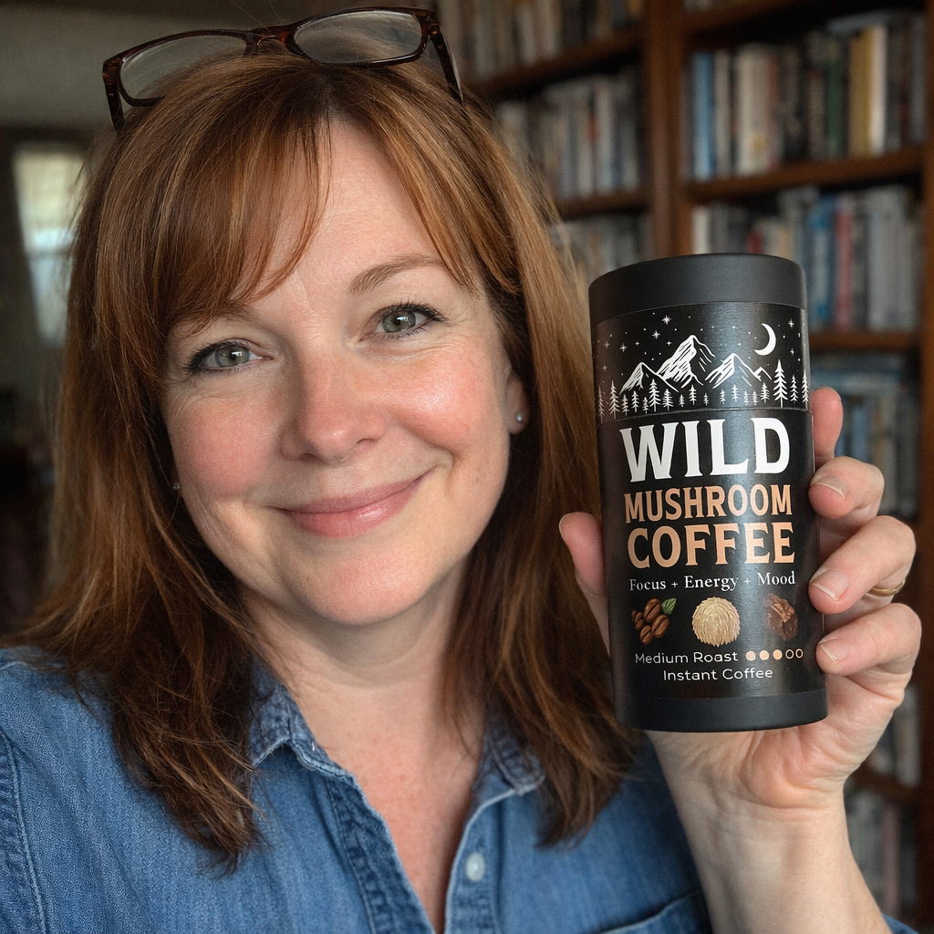 Person holding a container of Wild Mushroom Coffee, smiling in a room with bookshelves.