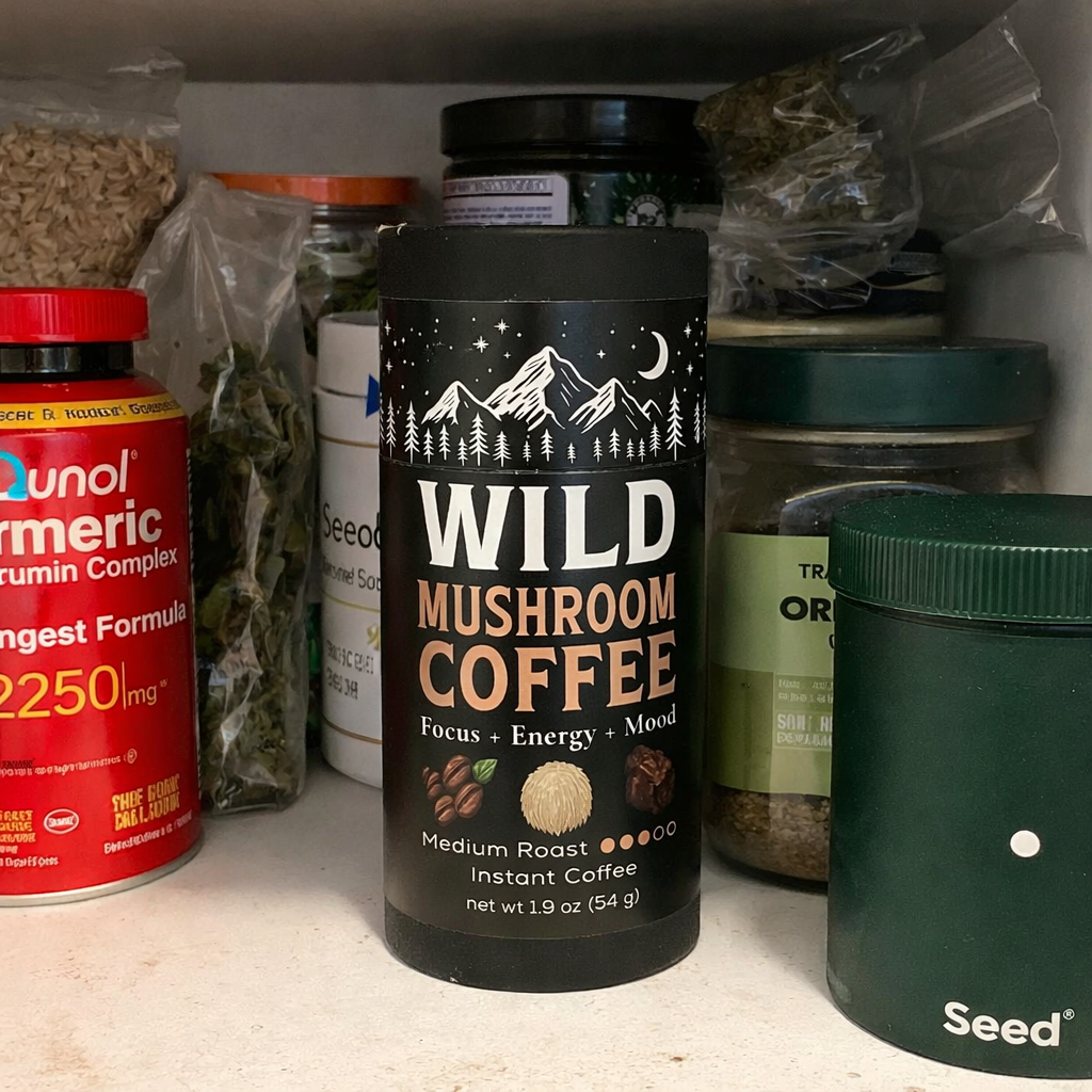 Shelf with Wild Mushroom Coffee and other jars and containers.