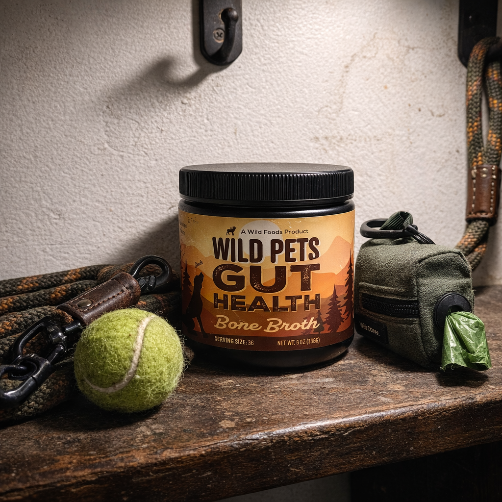 A jar of Wild Pets Gut Health Bone Broth on a shelf with a leash, tennis ball, and waste bag dispenser.