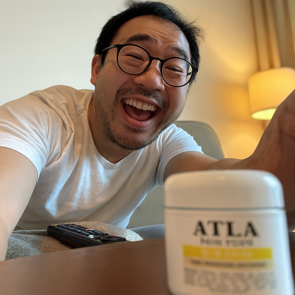 Person smiling near a jar labeled 'ATLA' with a remote and lamp visible.