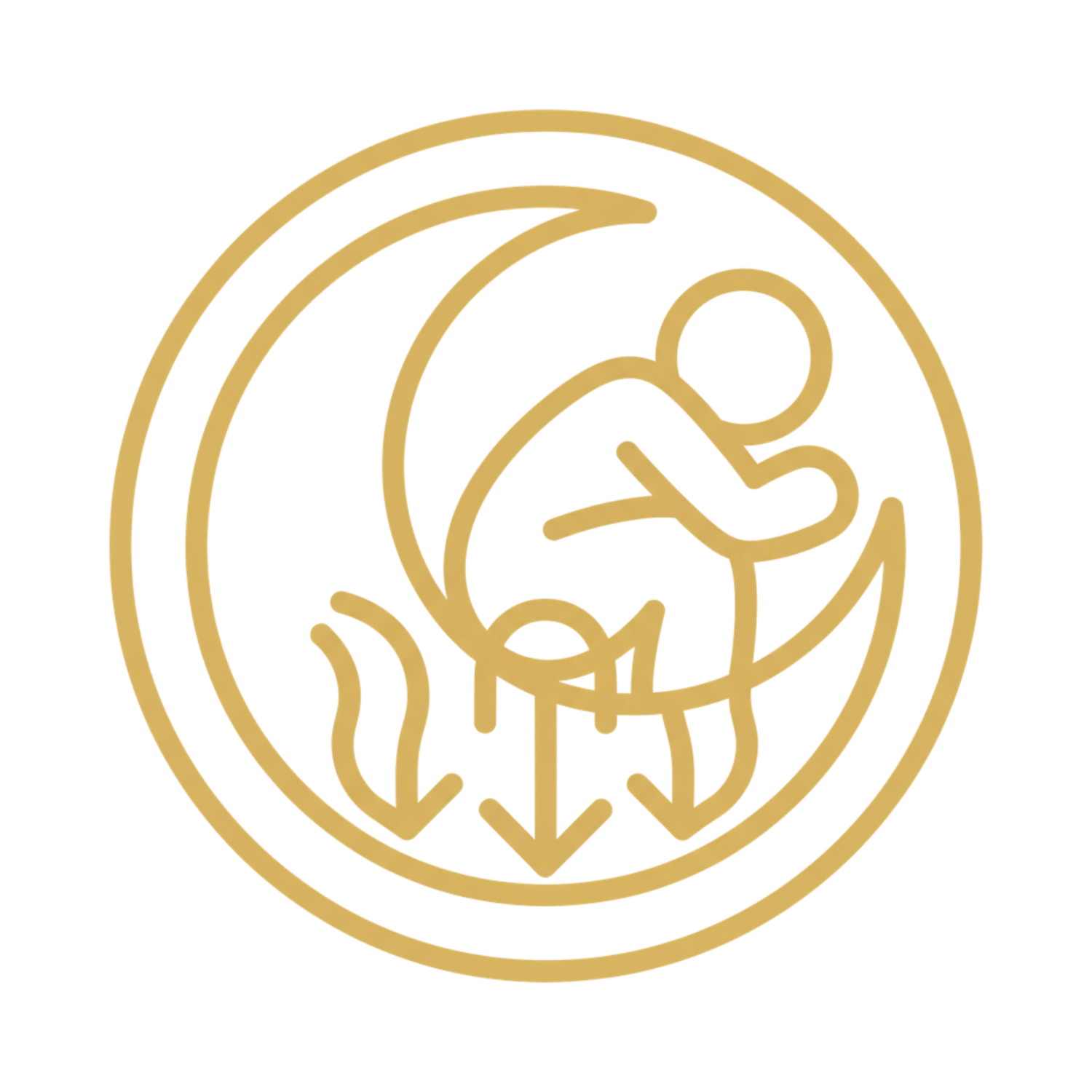 Gold line art of a figure sitting on a crescent moon with arrows below.