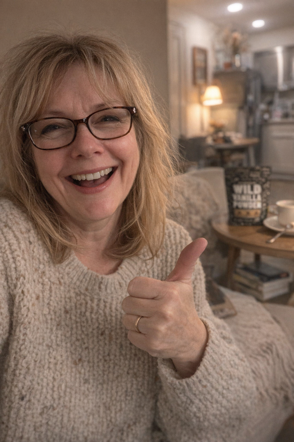 Smiling woman in glasses gives thumbs up indoors, cozy setting.