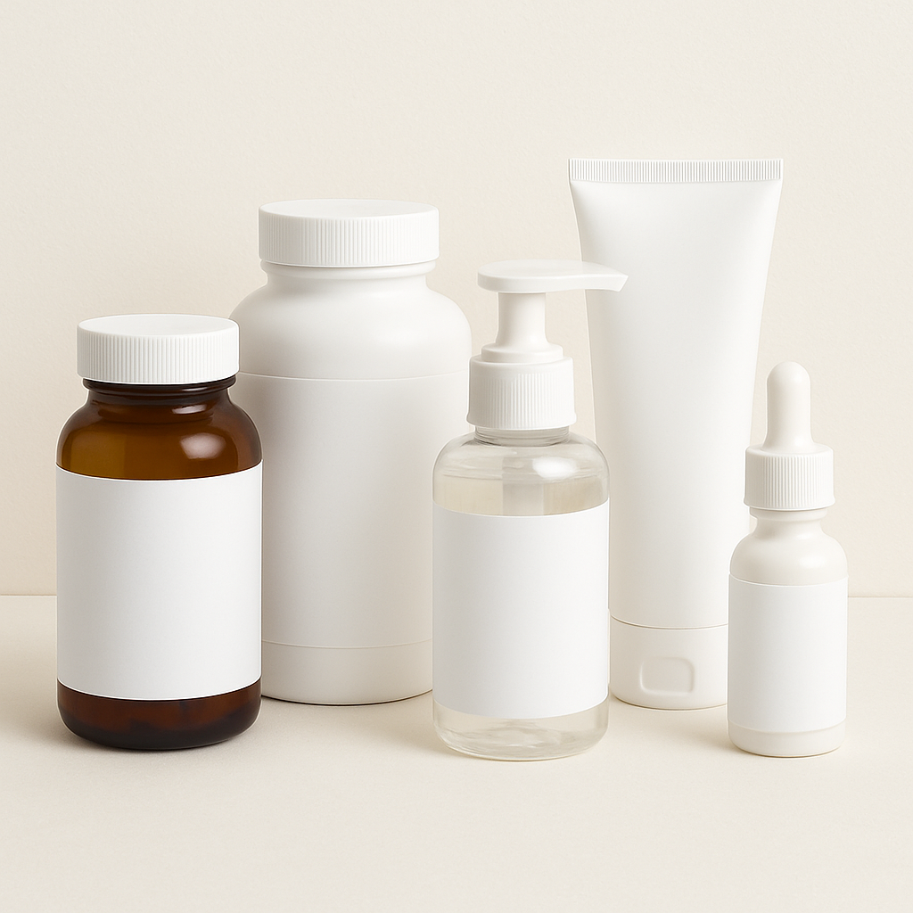 Assorted blank cosmetic containers on a neutral background.