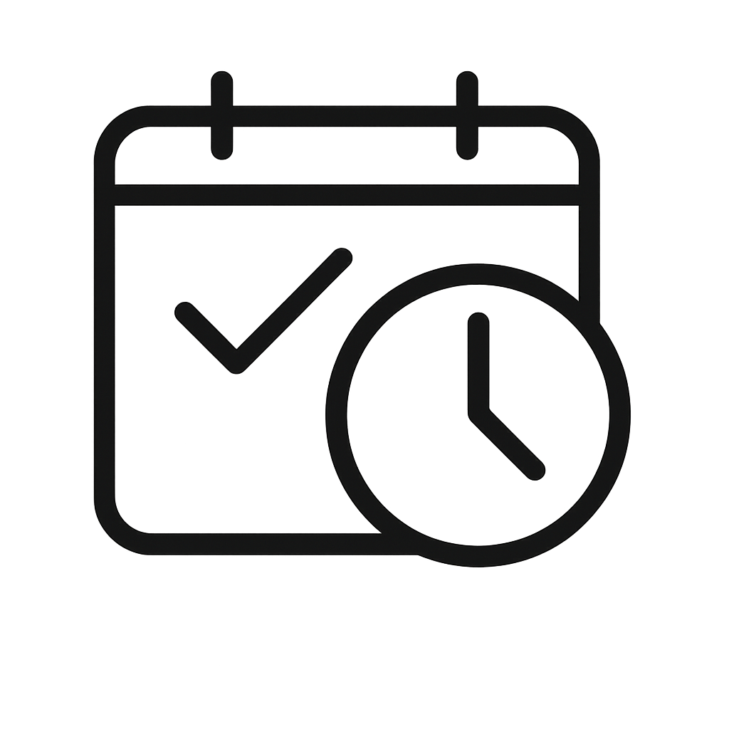 Icon of a calendar with a clock overlay on a dark background.