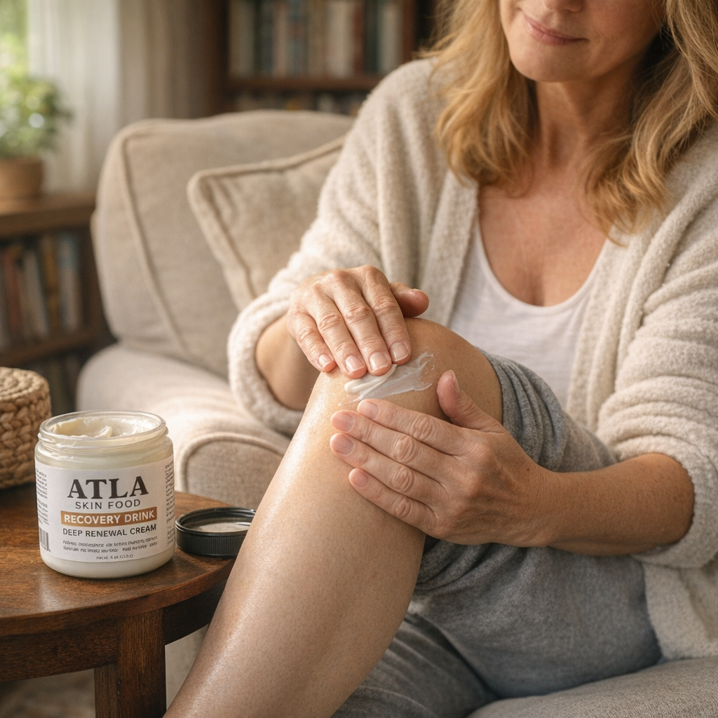 Person applying cream to knee while sitting on a couch.