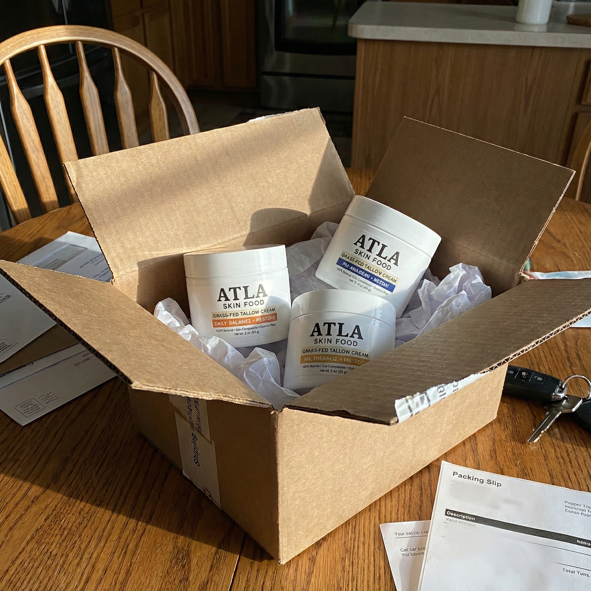 Three white jars of ATLA Skin Food cream sit inside an open cardboard box on a table.