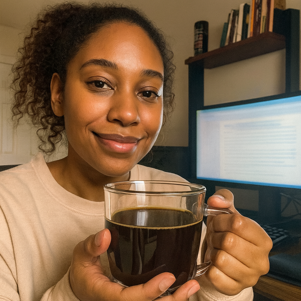 Person holding a clear mug of coffee in front of a computer screen.