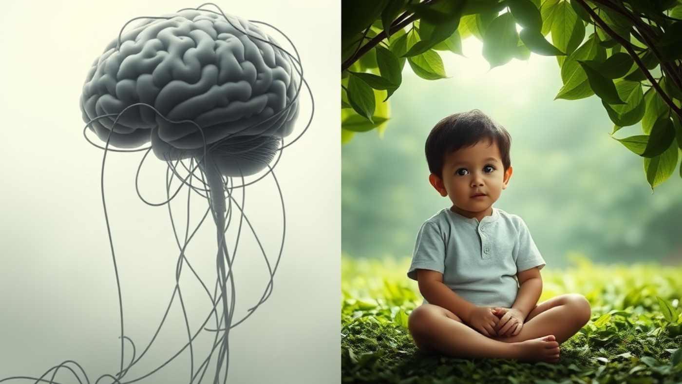 Split image: brain with wires, child sitting under leaves.