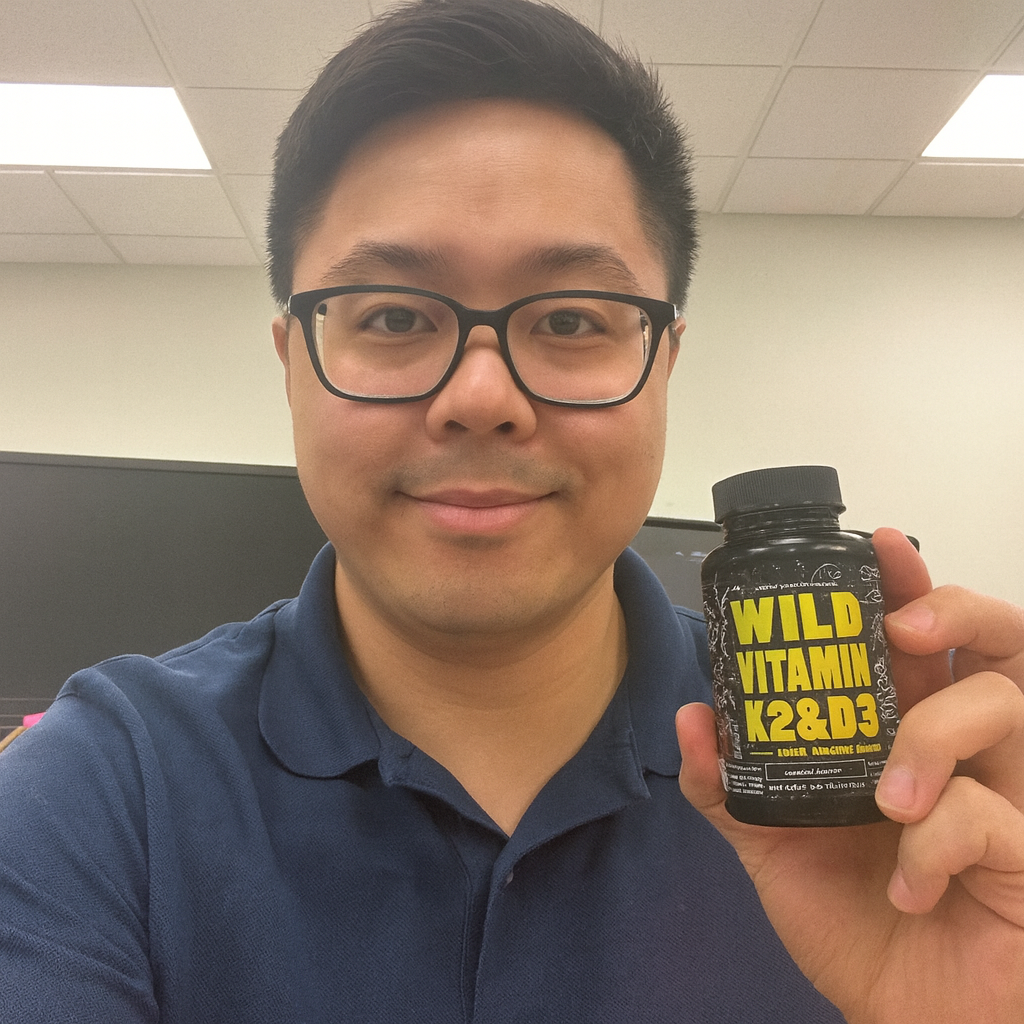 Person holding a bottle labeled 'Wild Vitamin K2 & D3' smiling at the camera.