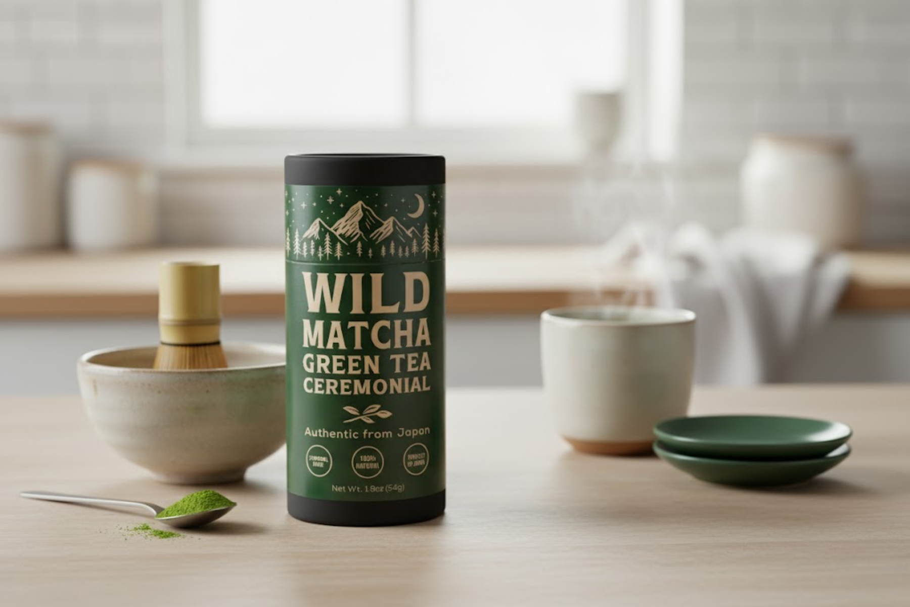Matcha tea can, bowl with whisk, spoon with green powder on wooden table.