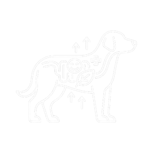 Outline of a dog with arrows, leaf, and smiley inside its body.
