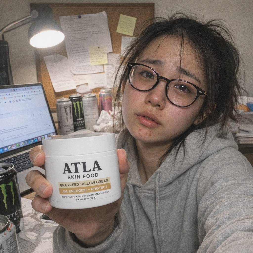Person holding skincare cream, sitting at a cluttered desk with laptop and energy drinks.