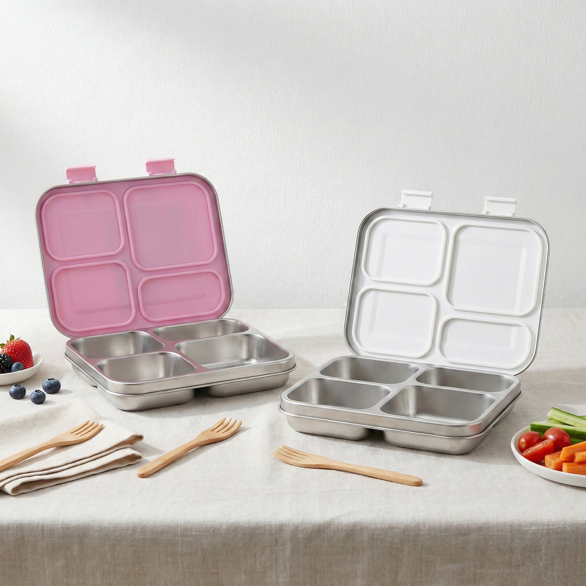 Two open, sectioned, stainless steel lunch boxes, one with a pink lid and one white, on a table.