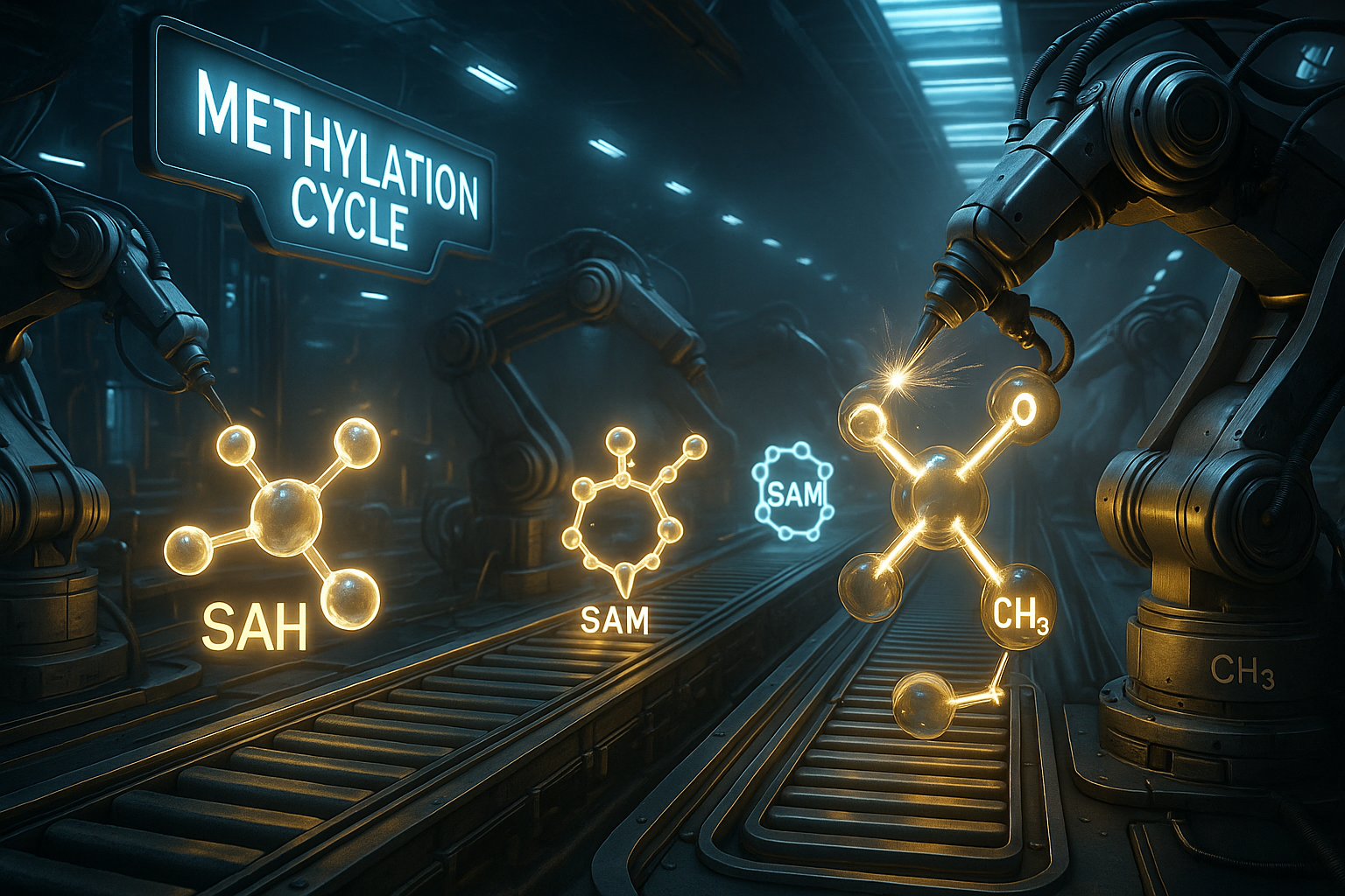 Robotic arms assembling glowing molecular structures labeled SAH, SAM, CH3 in a futuristic setting.