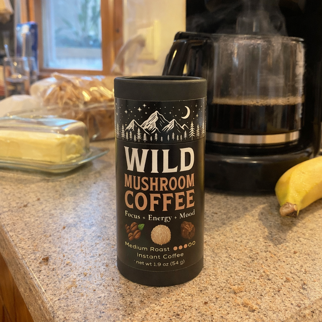 Container of Wild Mushroom Coffee on kitchen counter with coffee pot, butter, and banana nearby.