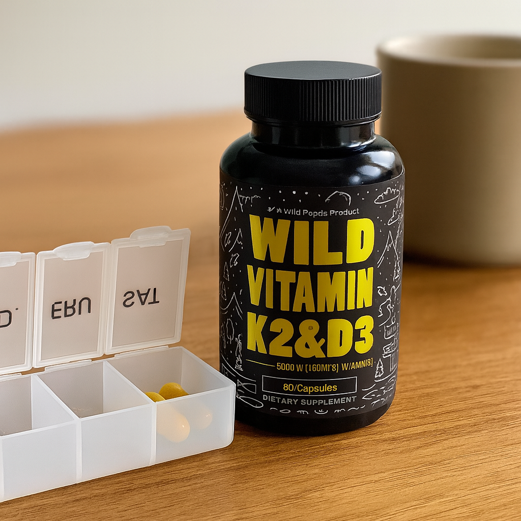 Bottle of Wild Vitamin K2&D3 and pill organizer on a table.