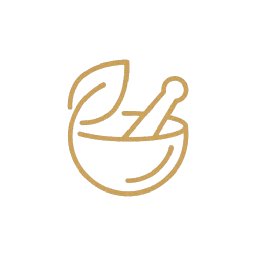 A gold line art icon of a mortar and pestle with a leaf on a black background.