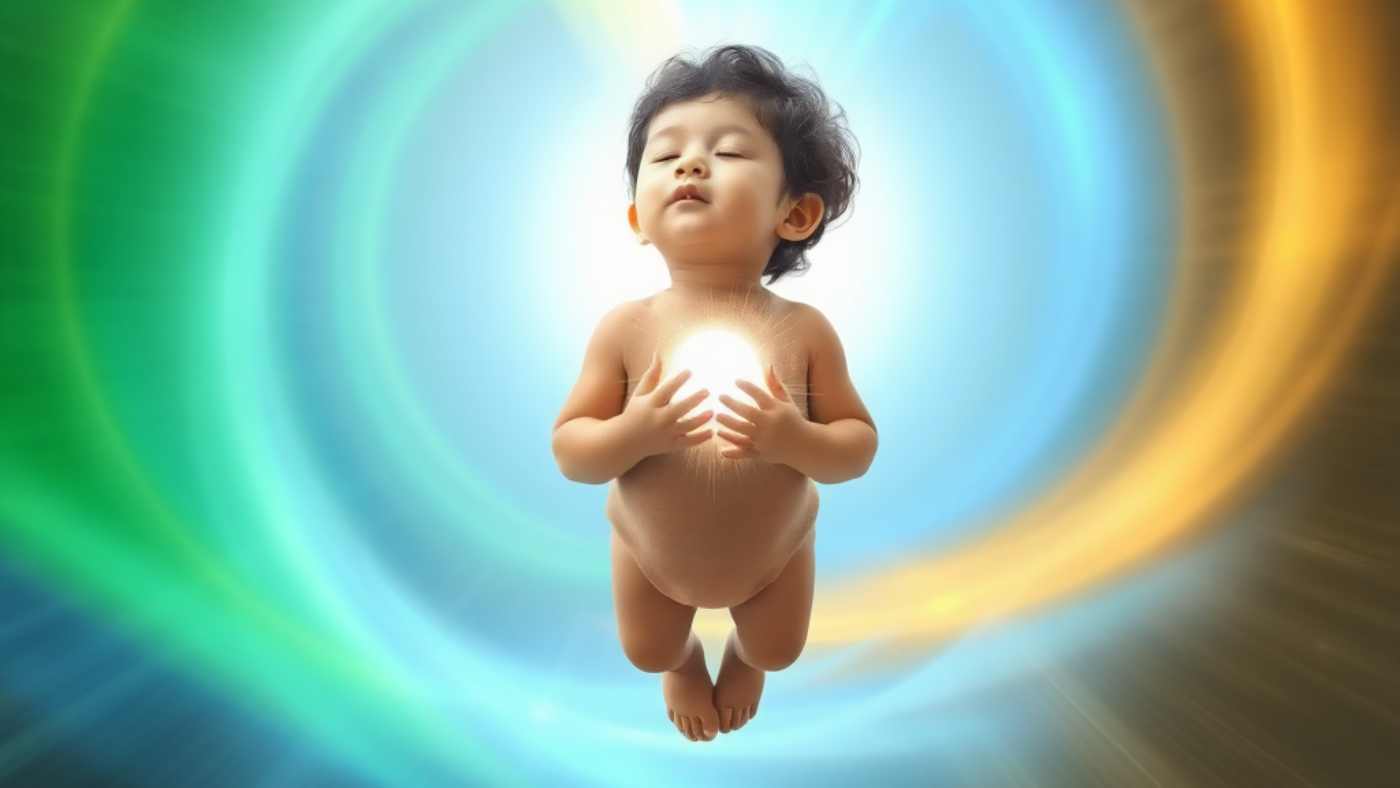 A baby floating with a glowing light at its chest, surrounded by colorful swirls.