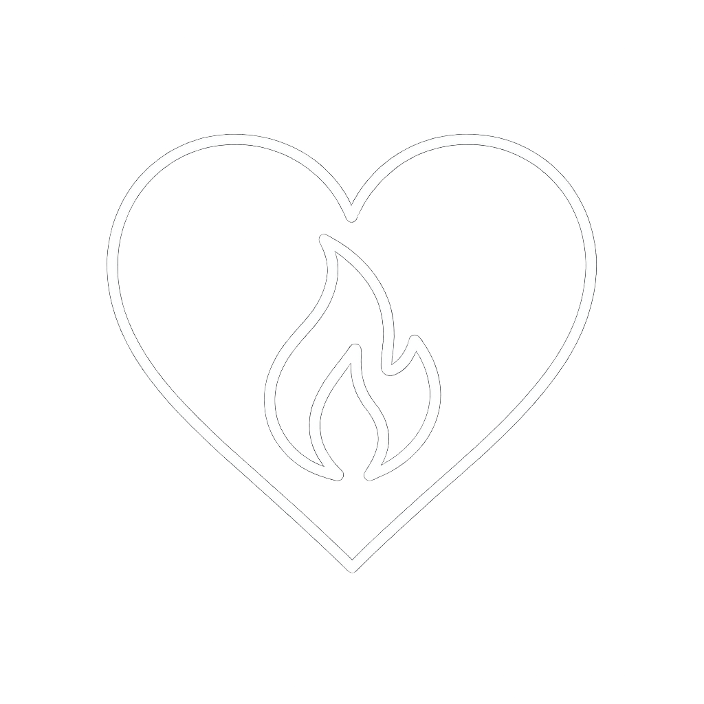 Neon outline of a heart with a flame inside.