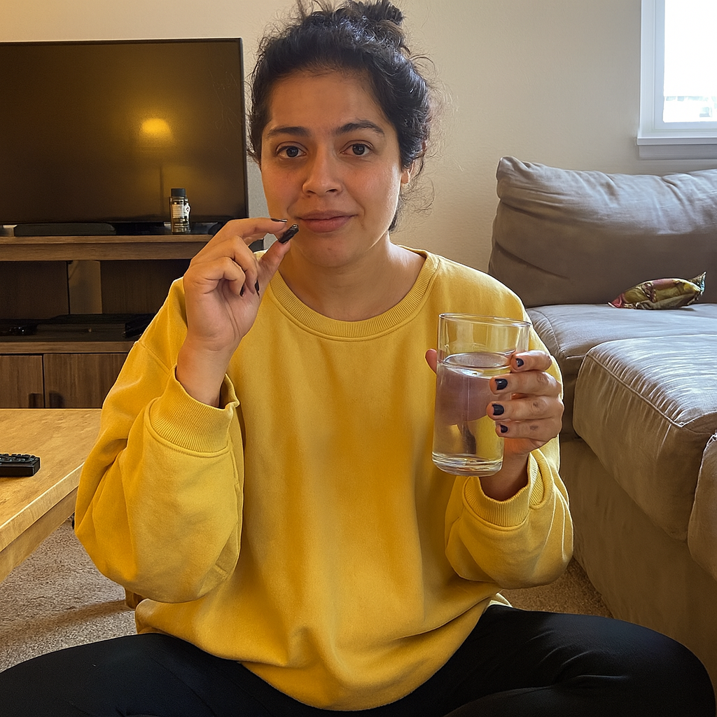Person taking mirror selfie, holding capsule and bottle labeled 'Wild Bee'.