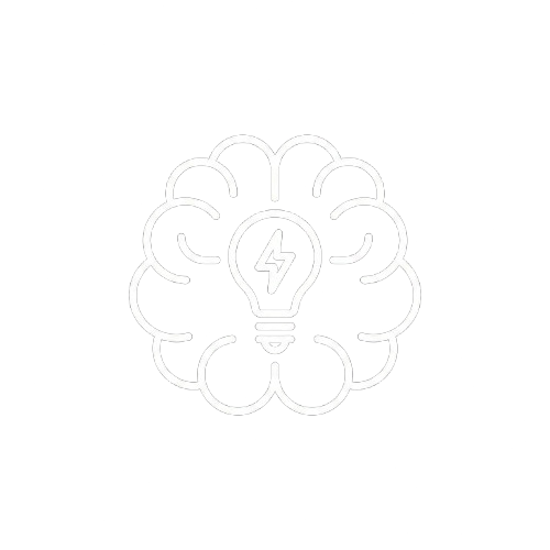 White brain outline with light bulb and lightning bolt inside on black background.