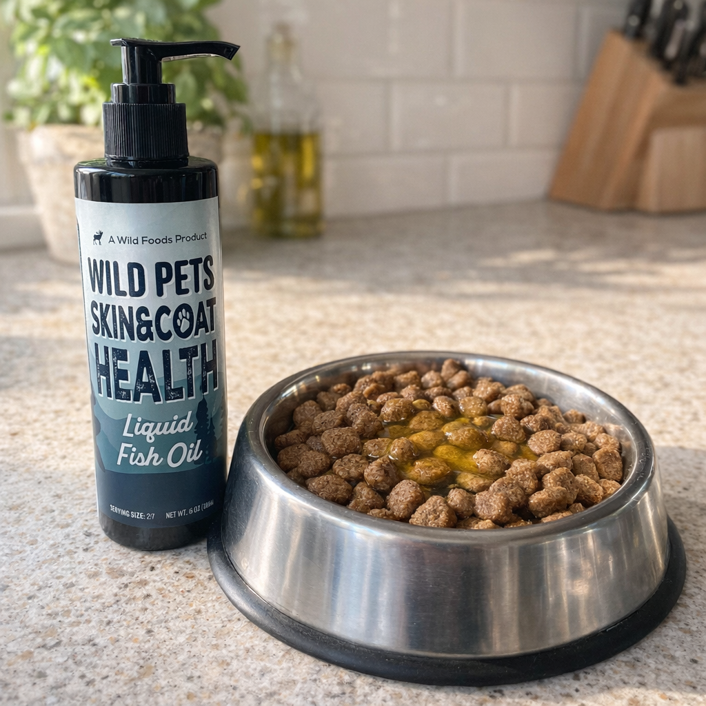 A bottle of Wild Pets fish oil next to a stainless steel bowl of kibble with oil on top.