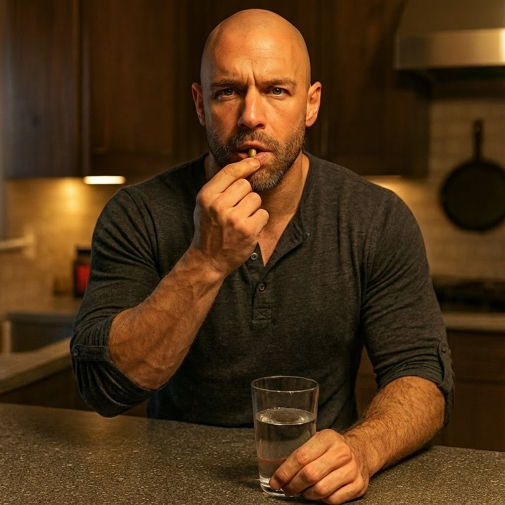 Person holding a pill and a glass of water in a kitchen.