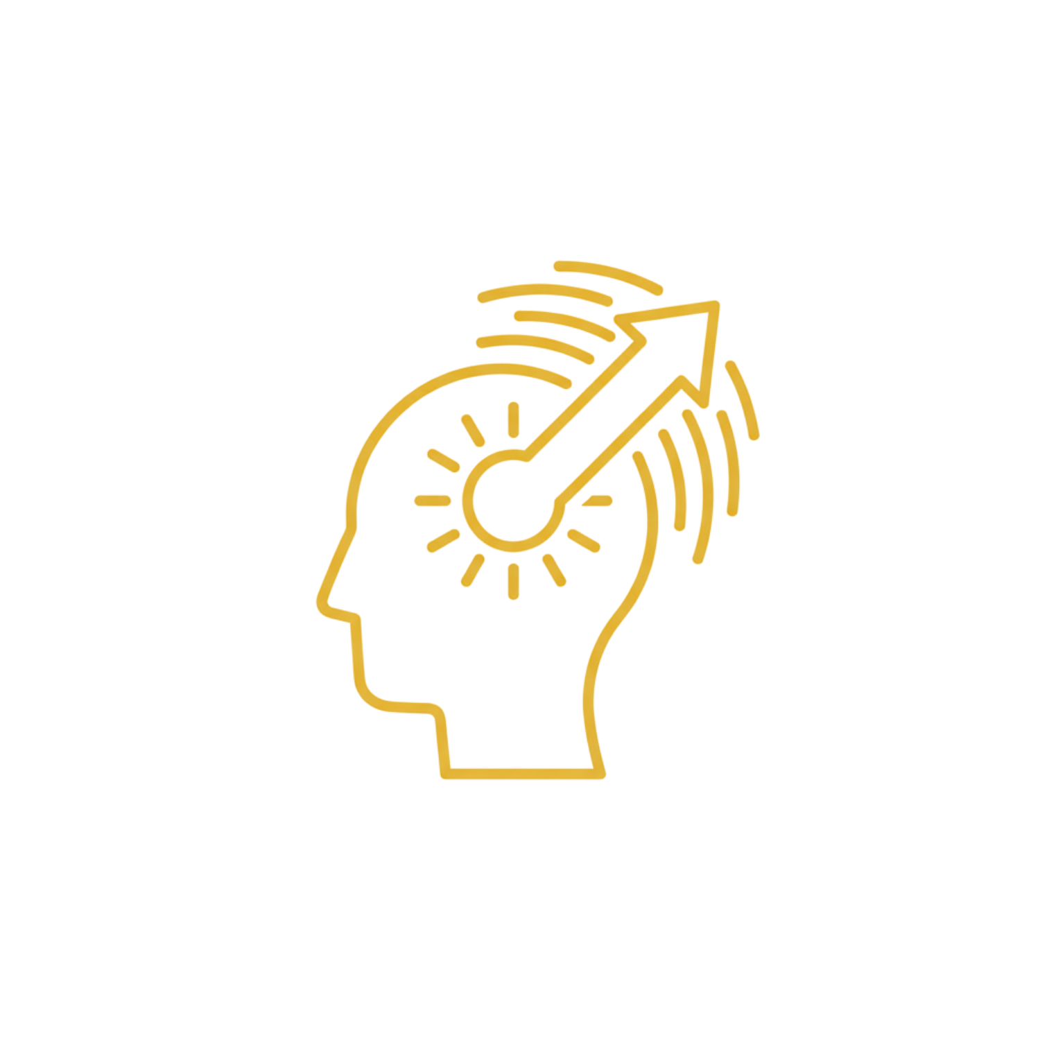 Outline of a head with an arrow and radiating lines.