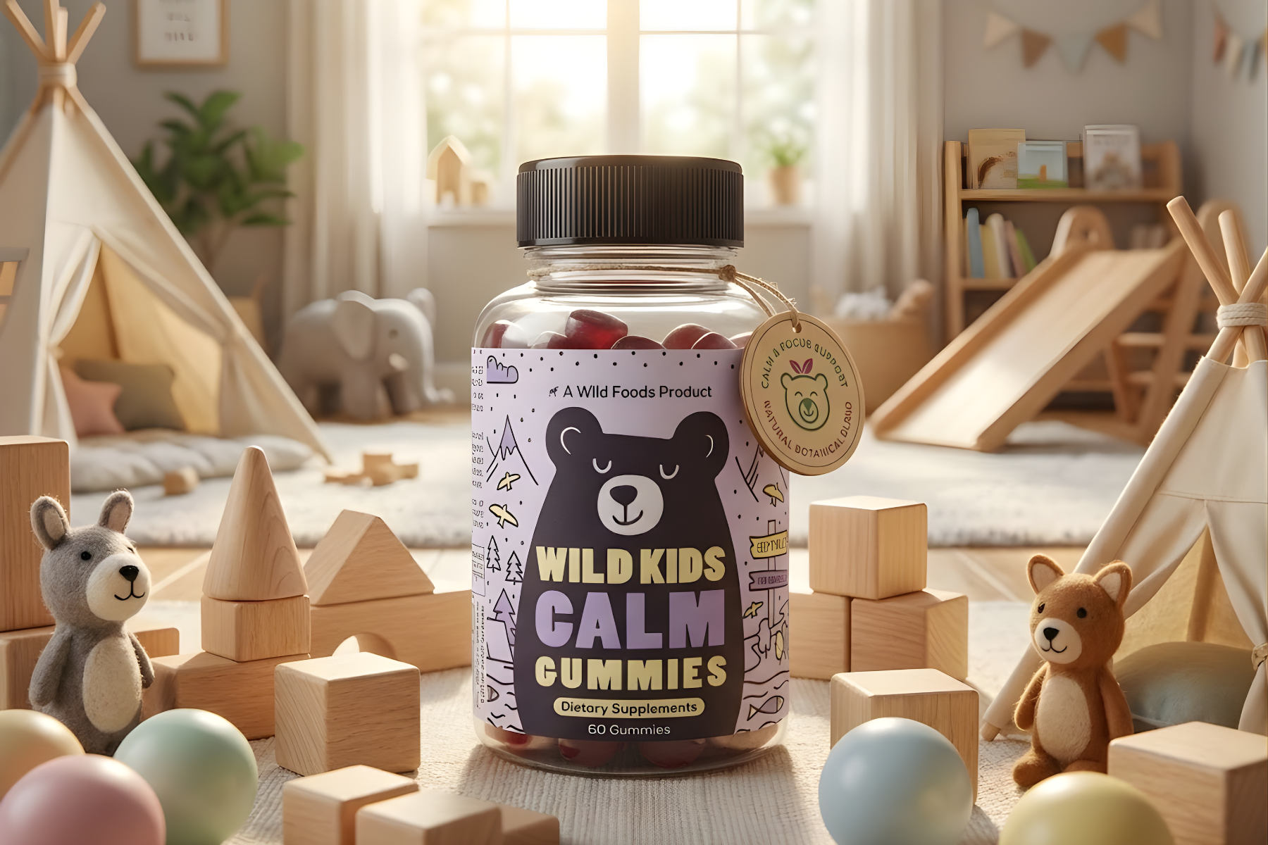 Bottle of wild kids gummies in a cozy playroom with toys and a teepee.