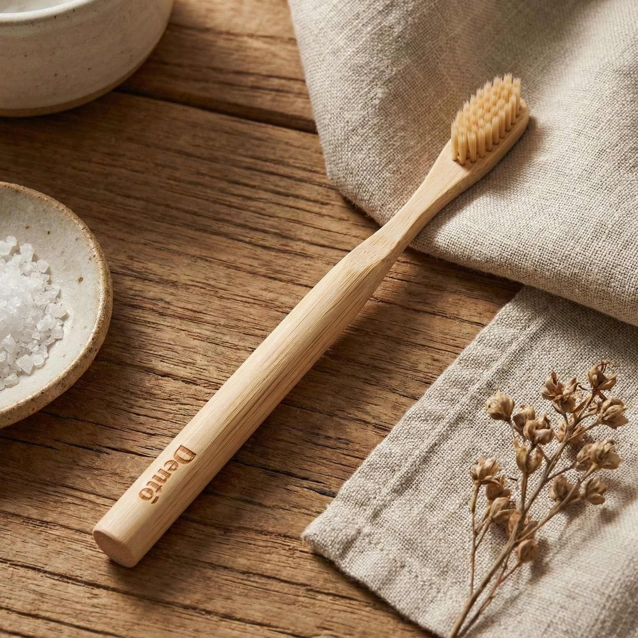 A bamboo toothbrush on a wooden table with cloth and salt nearby.