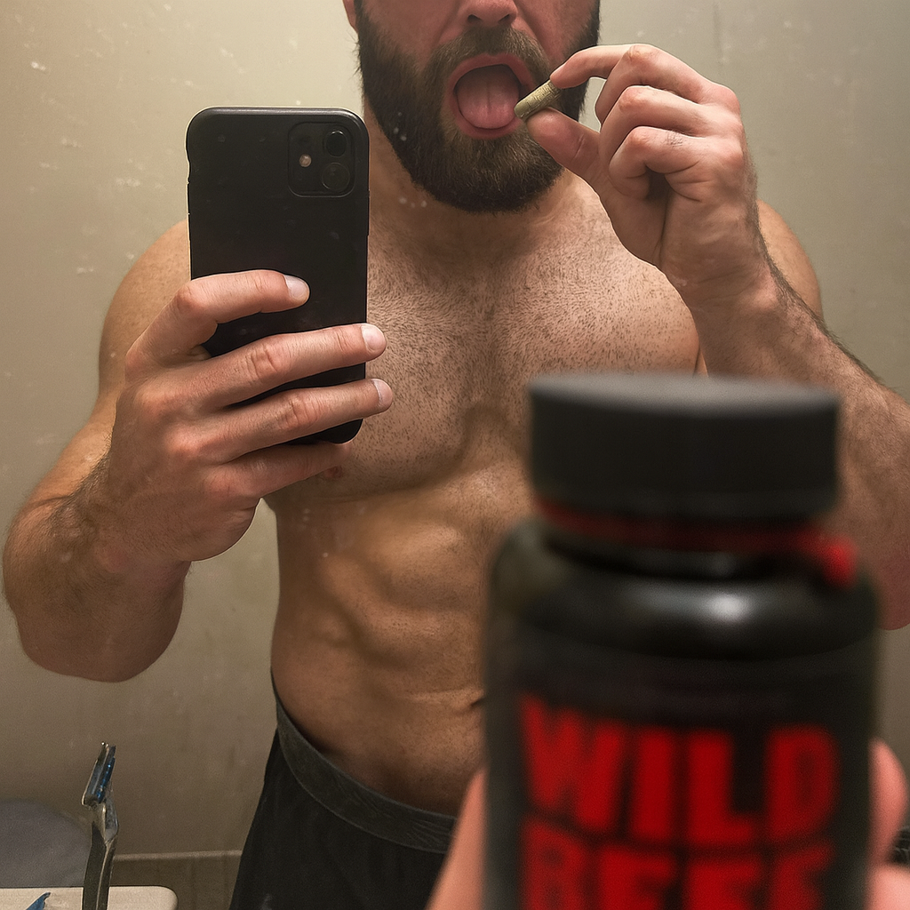 Person taking mirror selfie, holding capsule and bottle labeled 'Wild Bee'.