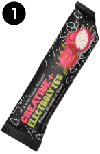 Black packet labeled 'Creatine + Electrolytes' with dragon fruit illustration.