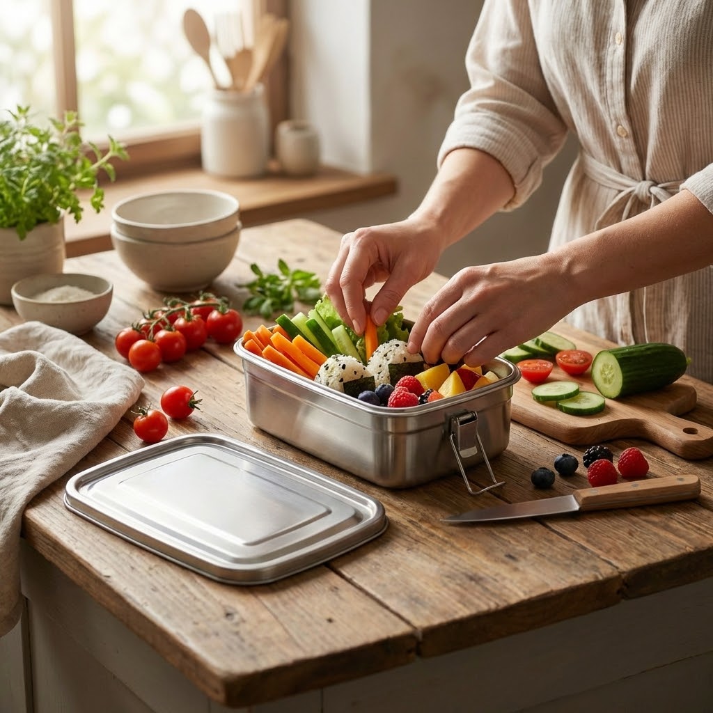 A person packs a stainless steel lunch box with fresh vegetables, fruit, and rice balls on a table.