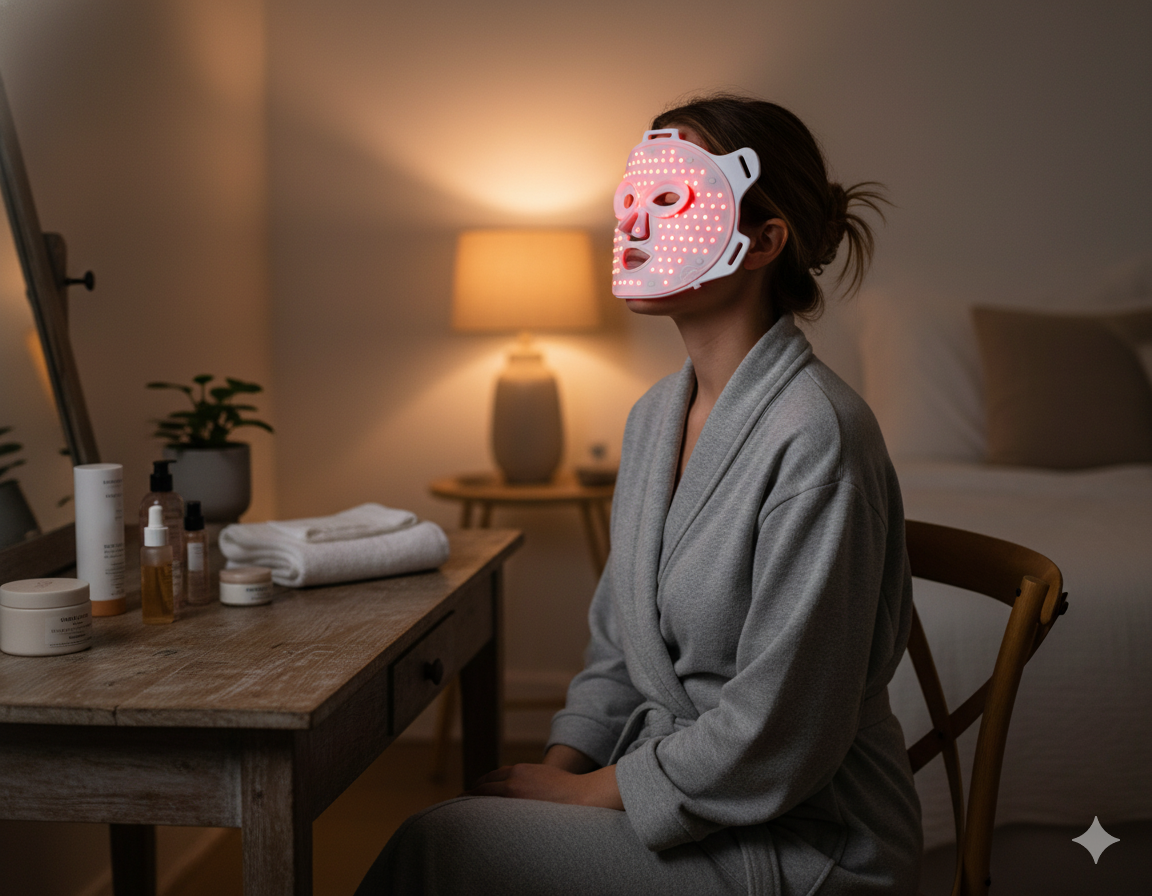 Person wearing LED light therapy mask sitting at a vanity.