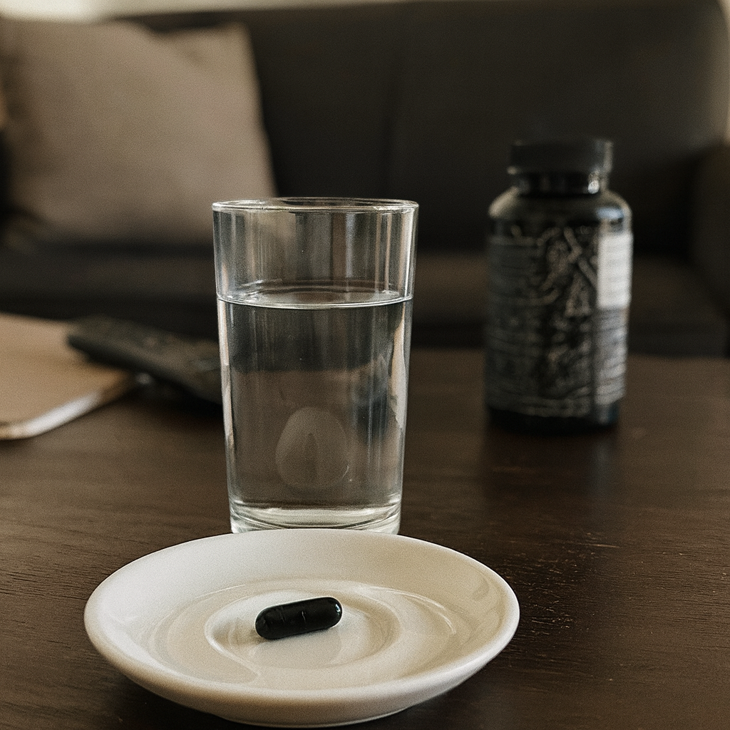 Glass of water and a black pill on a plate, with a bottle in the background.