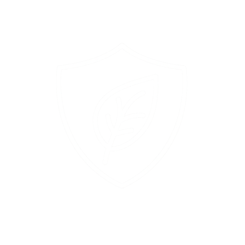 A glowing shield icon with a leaf design on a gray background.