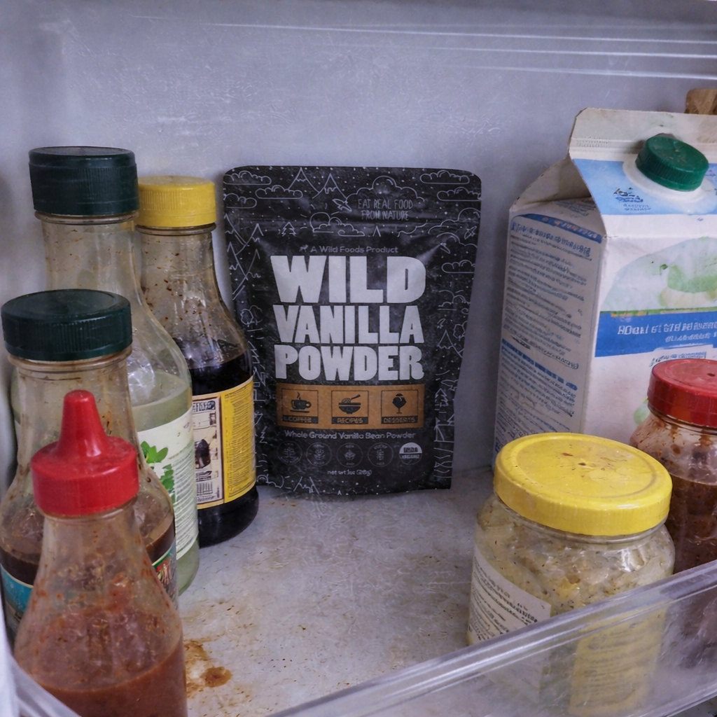 Refrigerator shelf with sauces and powder packet.