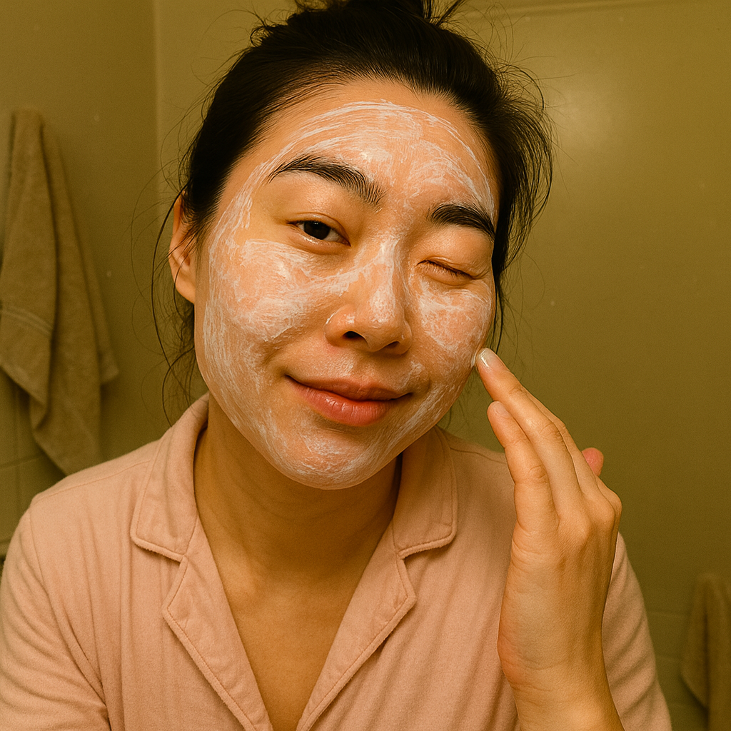 Person applying a face mask, smiling and winking.