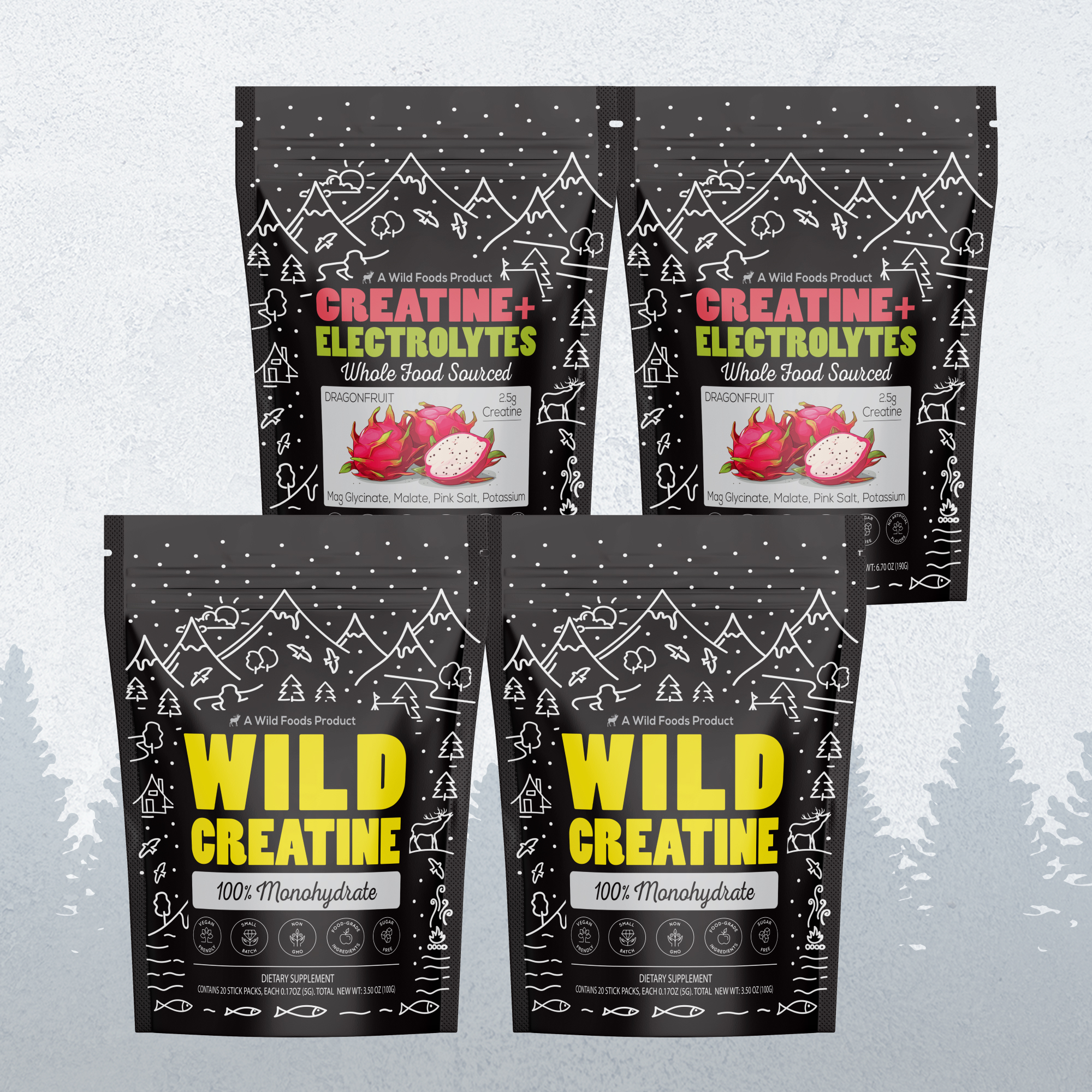 Five black and white supplement bags labeled Creatine and Electrolytes.