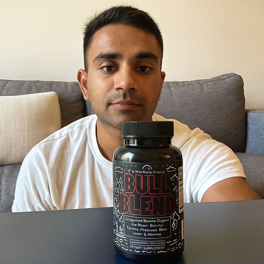 Person seated with a supplement bottle labeled 'Bull Blend' on a table.