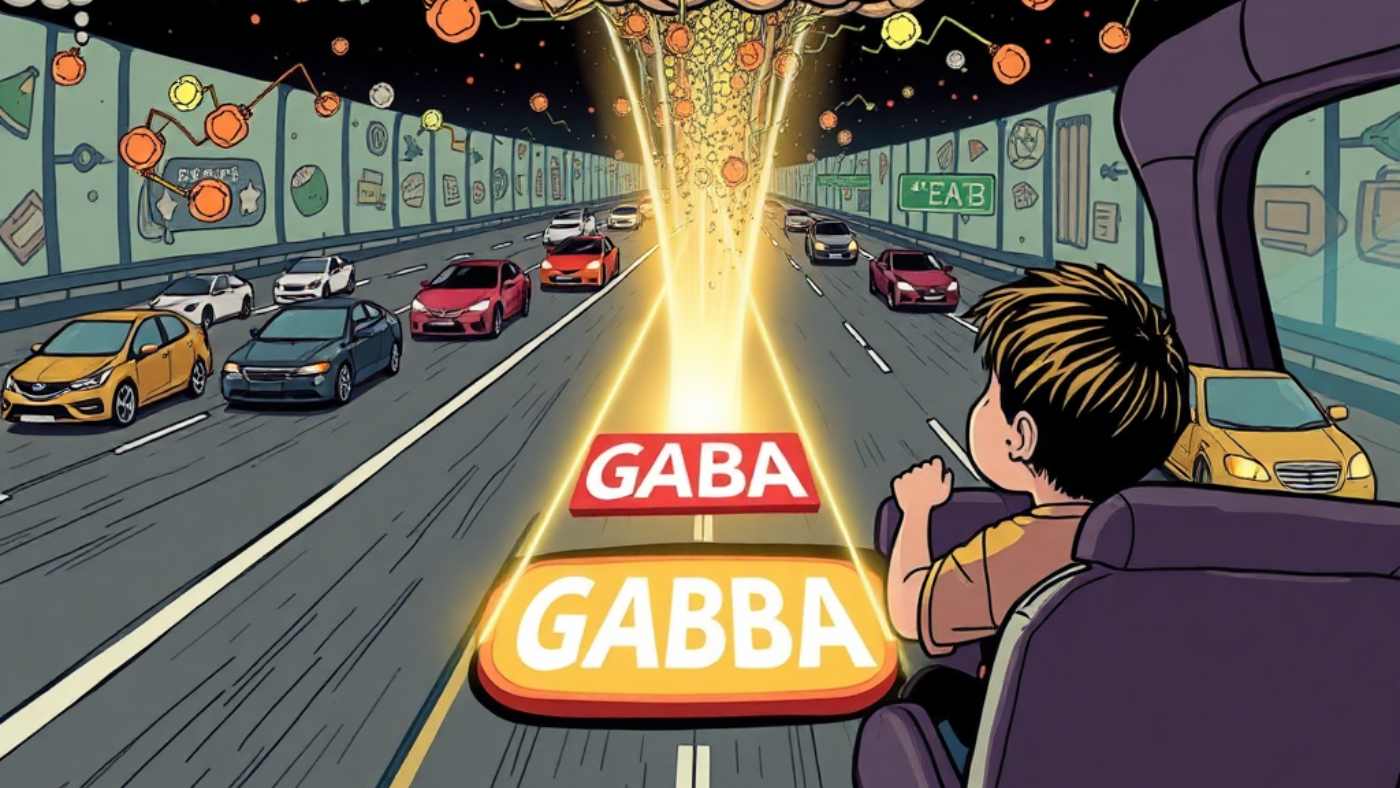 Child in car on highway with colorful lights and signs.
