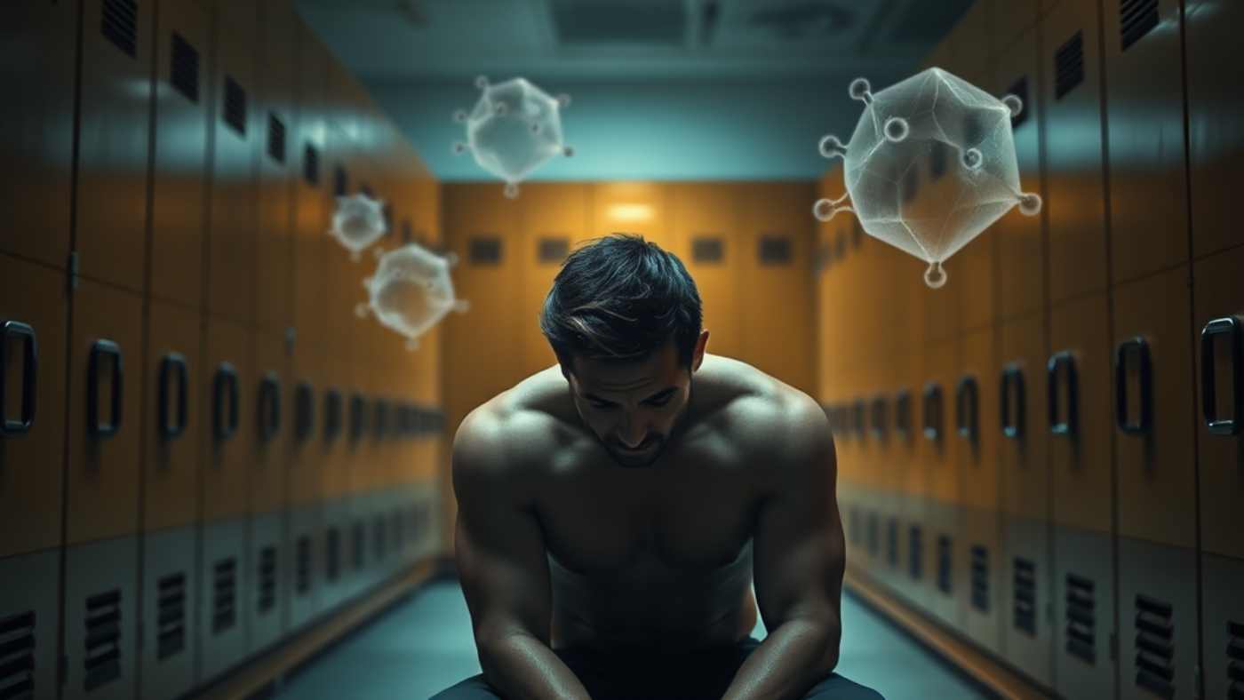 Shirtless man sitting in a locker room with floating virus-like shapes.