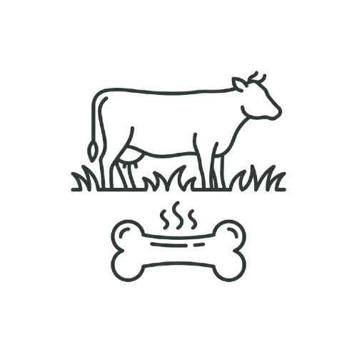 A line drawing icon of a cow in a field above a steaming bone.