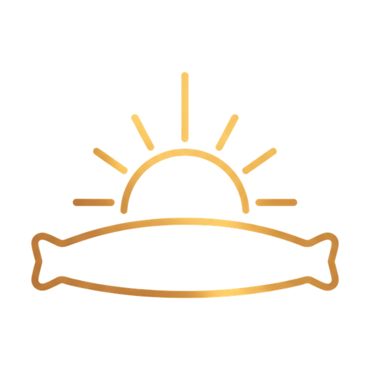 Gold sun and banner icon on black background.