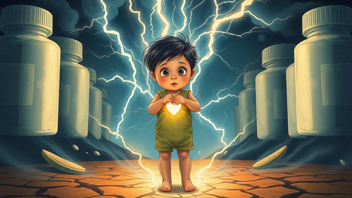 Child holding glowing heart, surrounded by lightning and large pill bottles.